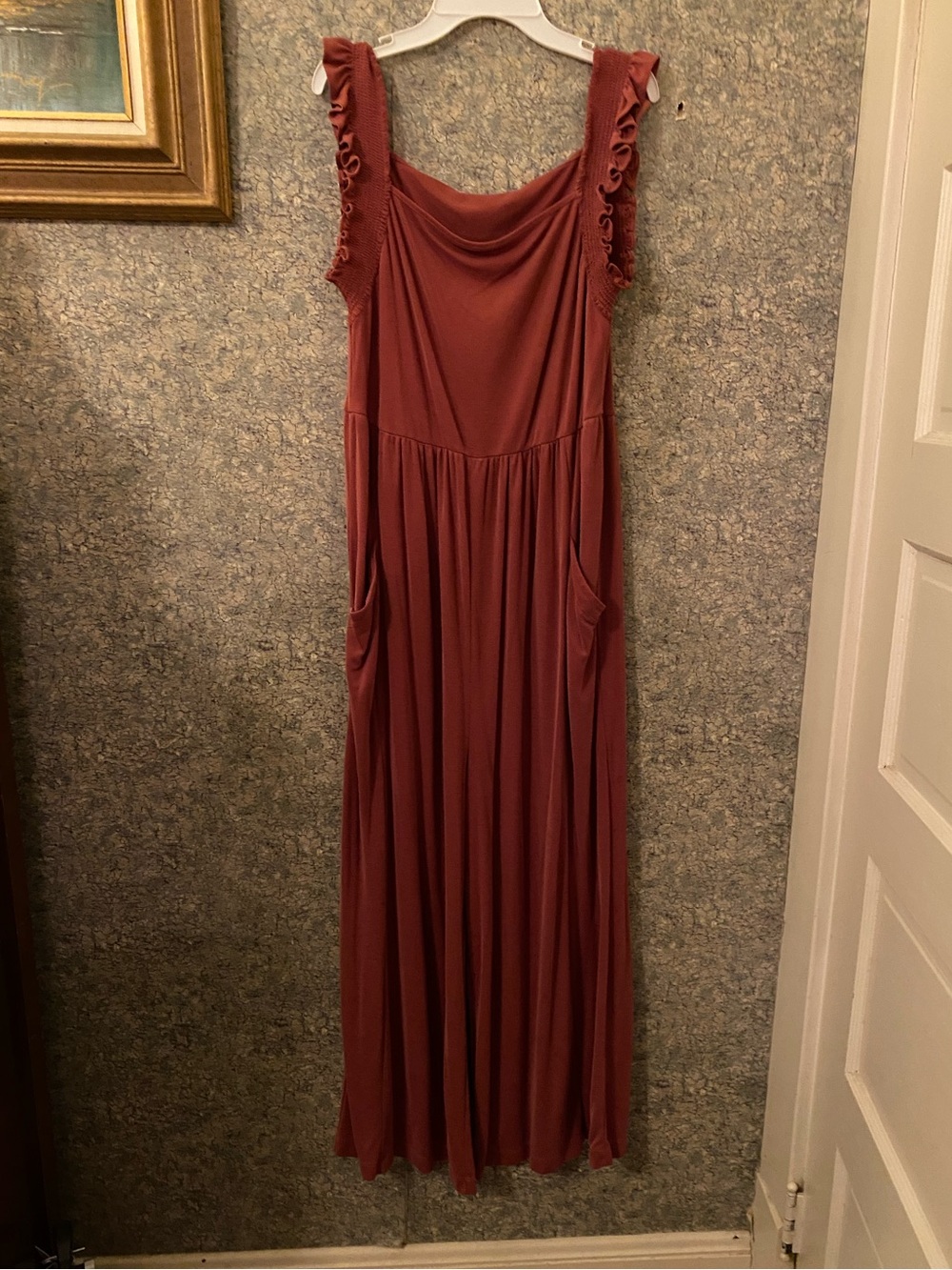 Anthropologie ribbed Sleeveless Rust/ rose lounge jumpsuit with Ruffle Straps